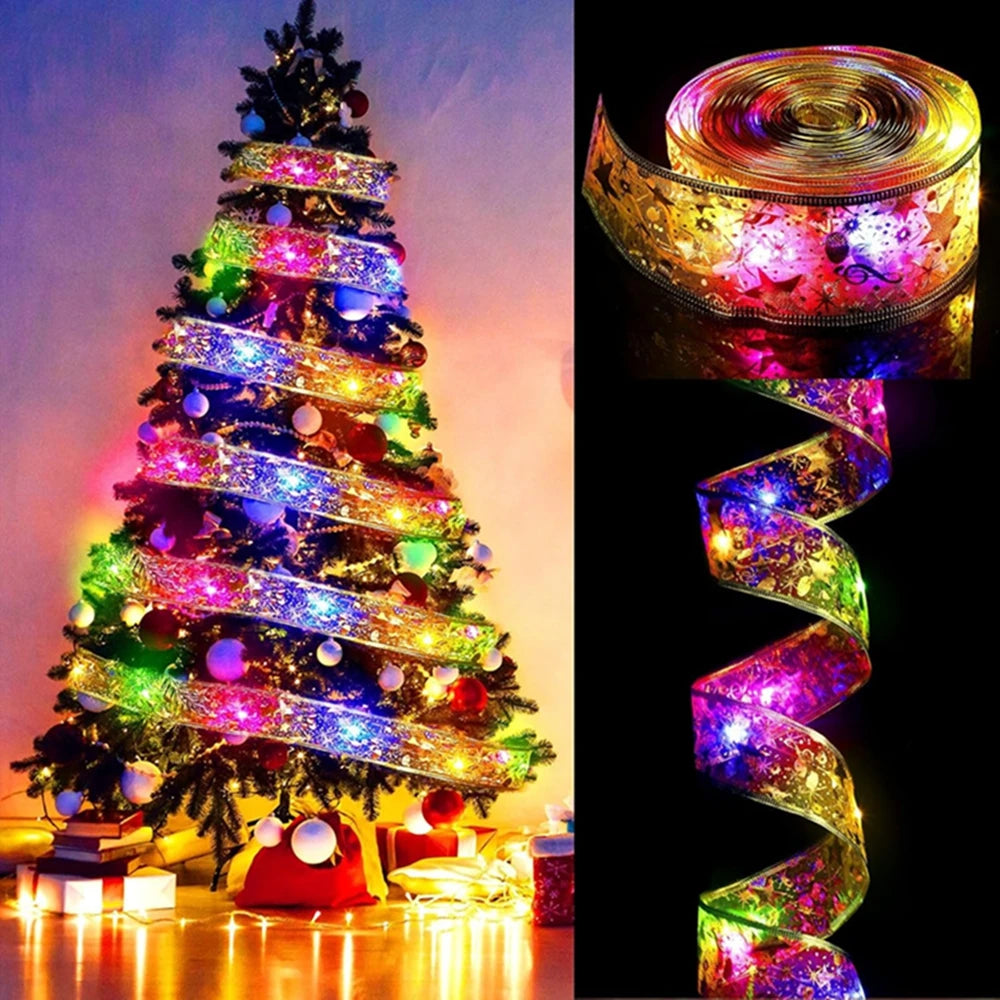 Christmas Ribbon Fairy Light Christmas Decoration DIY Bows String Light Tree Ornaments For Home 2025 Xmas Decor New Year Navidad