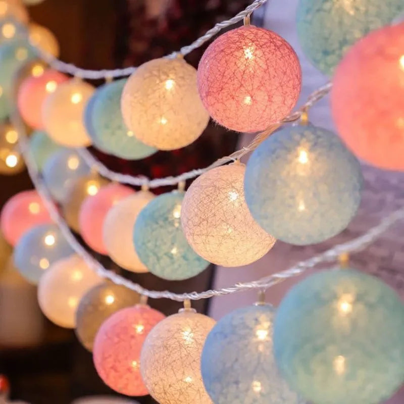 Battery Colorfull Cotton Garland 4cm LED Balls Christmas String Holiday Lights for Home Decoration Wedding Fairy Bedroom Decor