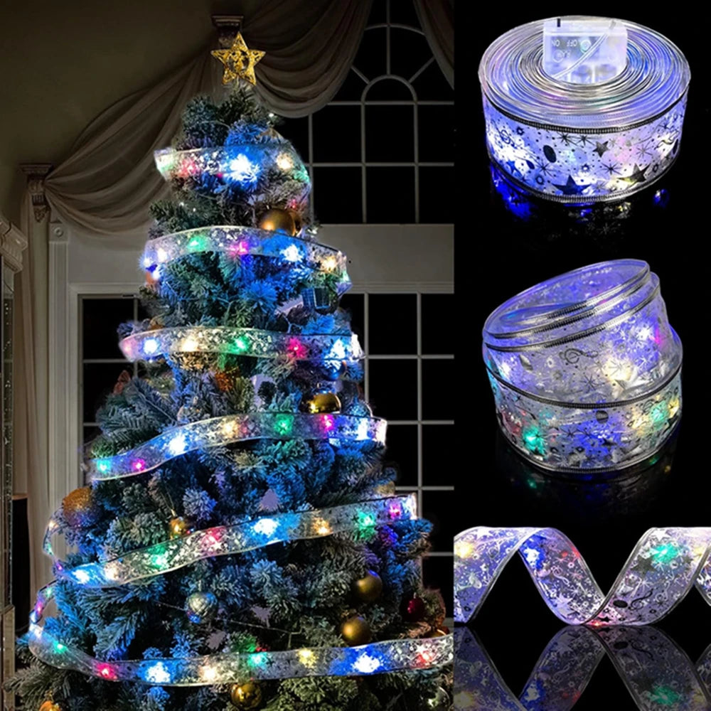 Christmas Ribbon Fairy Light Christmas Decoration DIY Bows String Light Tree Ornaments For Home 2025 Xmas Decor New Year Navidad