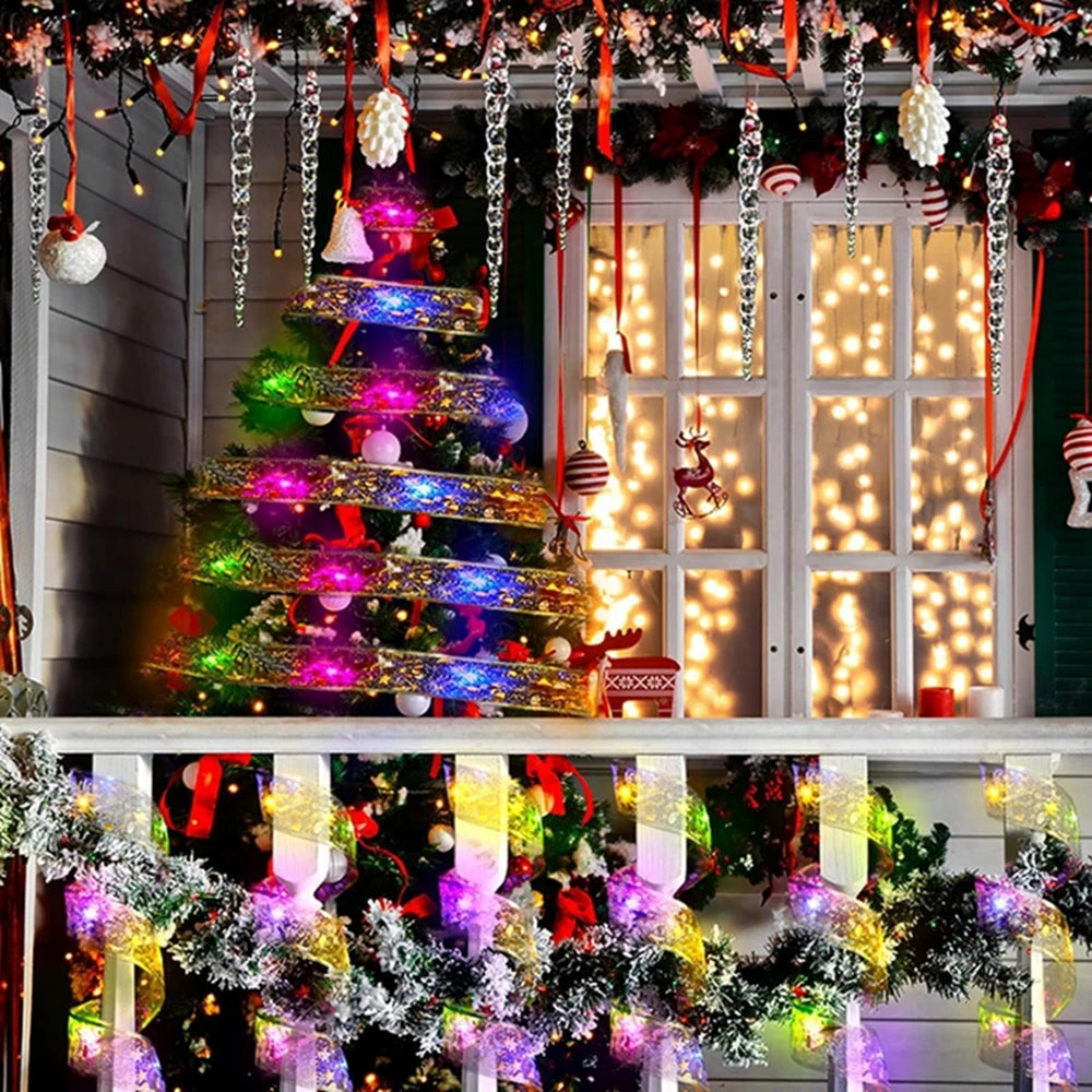 Christmas Ribbon Fairy Light Christmas Decoration DIY Bows String Light Tree Ornaments For Home 2025 Xmas Decor New Year Navidad